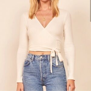 Reformation Petalo Long Sleeve Wrap Top Ribbed Knit Stretch Women's Size Medium